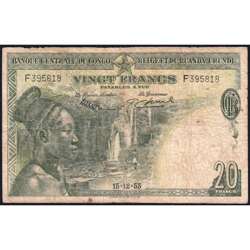 Congo Belge - Ruanda Urundi - Pick 26a_1 - 20 francs - Série F - 15/12/1953 - Etat : B