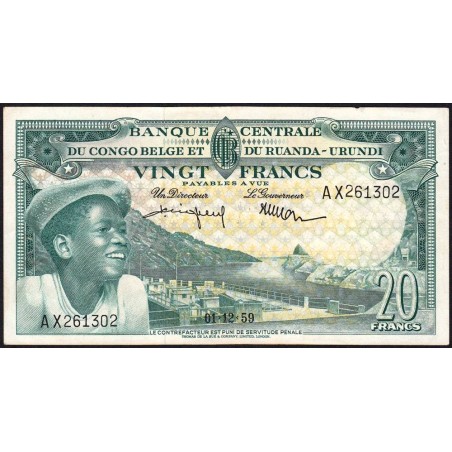 Congo Belge - Ruanda Urundi - Pick 31_10 - 20 francs - Série AX - 01/12/1959 - Etat : SUP+ à SPL