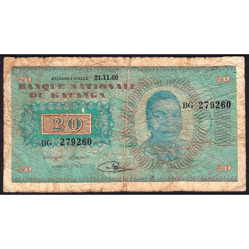 Katanga - Pick 6a - 20 francs - 21/11/1960 - Série BG - Etat : B-