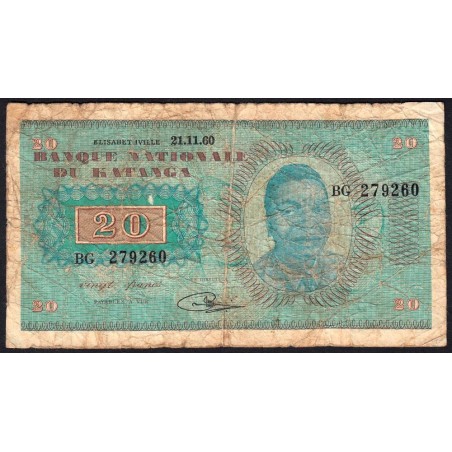 Katanga - Pick 6a - 20 francs - 21/11/1960 - Série BG - Etat : B-