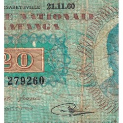 Katanga - Pick 6a - 20 francs - 21/11/1960 - Série BG - Etat : B-