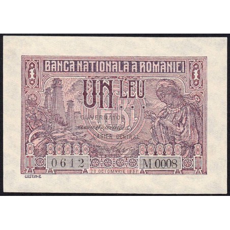 Roumanie - Pick 38a_1 - 1 leu - Série M.0008 - 28/10/1937 - Etat : SPL+