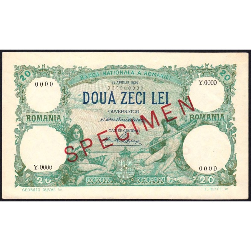 Roumanie - Pick 41 - 20 lei - Série Y.0000 - 28/04/1939 - Spécimen - Etat : TTB+ à SUP