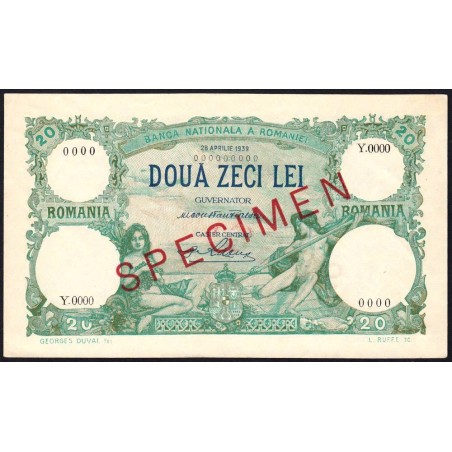 Roumanie - Pick 41 - 20 lei - Série Y.0000 - 28/04/1939 - Spécimen - Etat : TTB+ à SUP