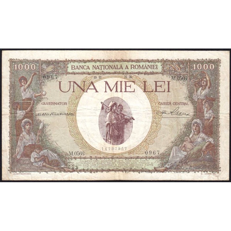 Roumanie - Pick 45a - 1'000 lei - Série M.0566 - 25/06/1936 - Etat : TB