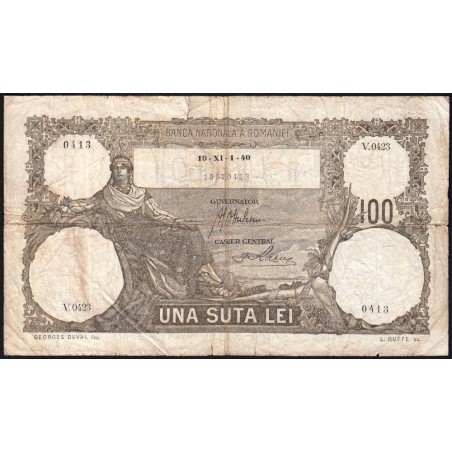 Roumanie - Pick 49_2a - 100 lei - Série V.0423 - 01/11/1940 - Etat : TB-