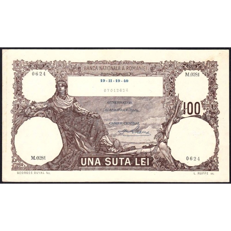 Roumanie - Pick 50a_1 - 100 lei - Série M.0281 - 19/02/1940 - Etat : SUP