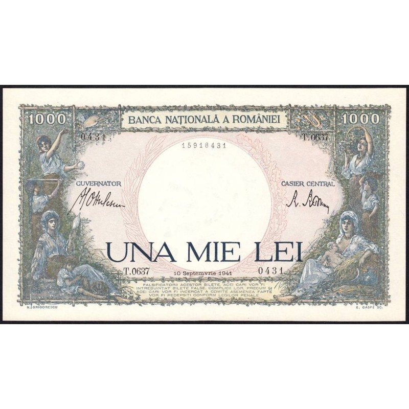 Roumanie - Pick 52a_1 - 1'000 lei - Série T.0637 - 10/09/1941 - Etat : NEUF