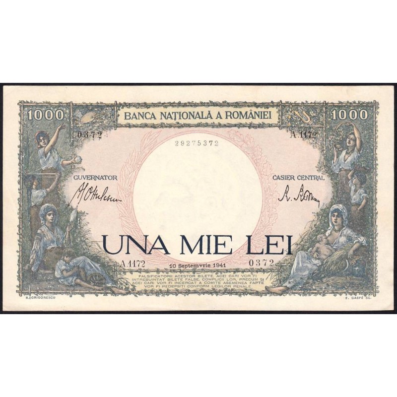 Roumanie - Pick 52a_1 - 1'000 lei - Série A.1172 - 10/09/1941 - Etat : SPL