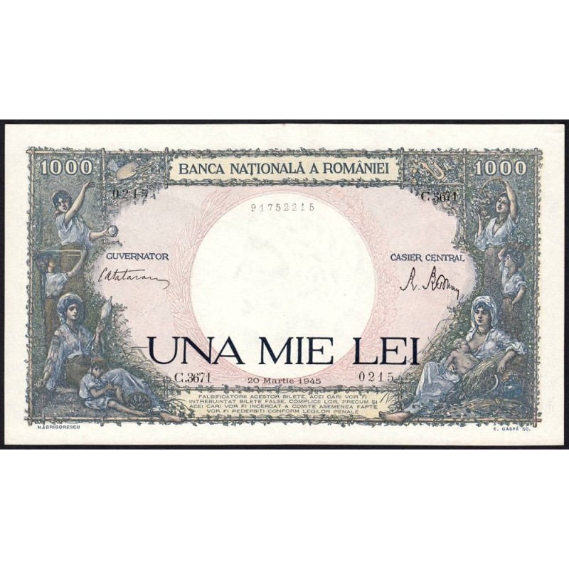Roumanie - Pick 52a_5 - 1'000 lei - Série C.3671 - 20/03/1945 - Etat : SPL+