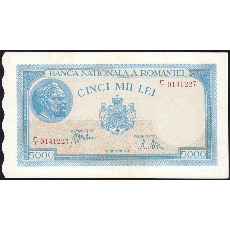 Roumanie - Pick 55_1 - 5'000 lei - Série F/1 - 28/09/1943 - Etat : SPL+