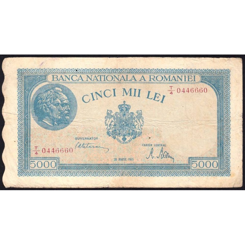Roumanie - Pick 56a_3 - 5'000 lei - Série T/4 - 20/03/1945 - Etat : TB