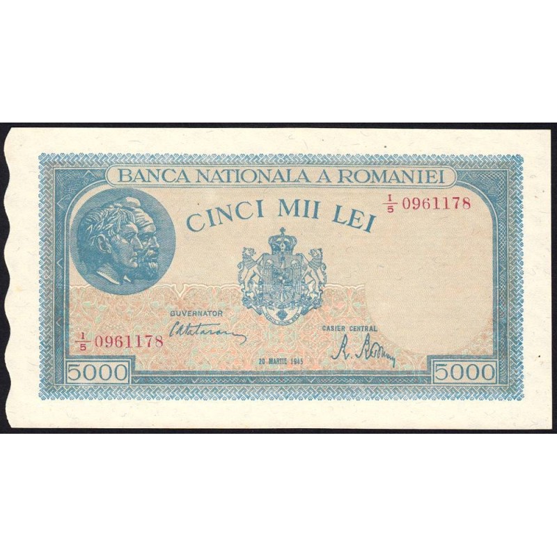 Roumanie - Pick 56a_3 - 5'000 lei - Série I/5 - 20/03/1945 - Etat : SPL+