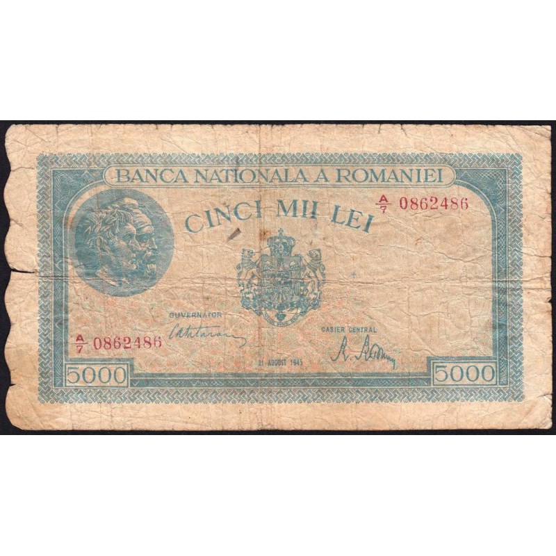 Roumanie - Pick 56a_4 - 5'000 lei - Série A/7 - 21/08/1945 - Etat : B-