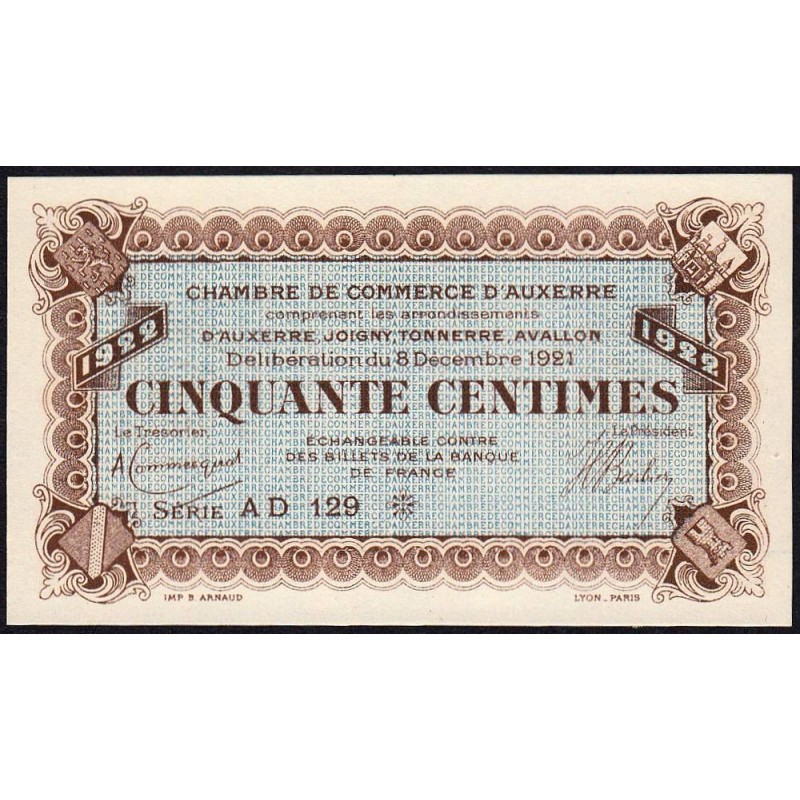 Auxerre - Pirot non rép. - 50 cent. - Série AD 129 - 08/12/1921 - Spécimen - Etat : pr.NEUF