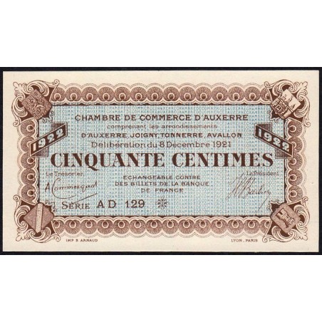 Auxerre - Pirot non rép. - 50 cent. - Série AD 129 - 08/12/1921 - Spécimen - Etat : pr.NEUF