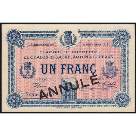 Chalon-sur-Saône - Pirot 42-19 - 1 franc - Série D 187 - 05/11/1918 - Annulé - Etat : pr.NEUF