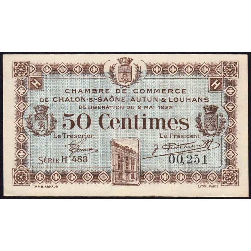 Chalon-sur-Saône, Autun, Louhans - Pirot 42-32 - 50 centimes - Série H 483 - 02/05/1922 - Etat : SPL+