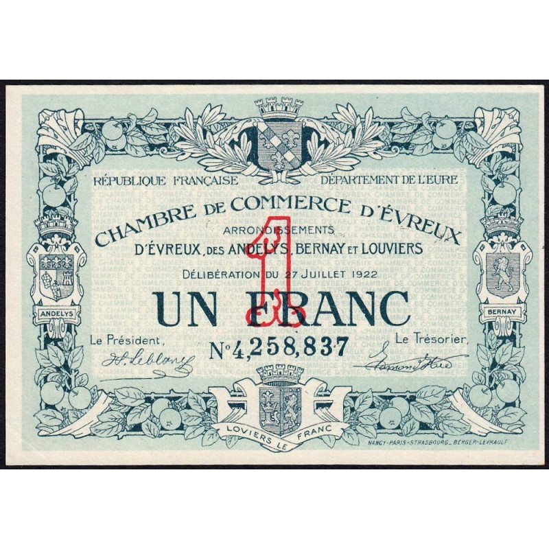 Evreux (Eure) - Pirot 57-26a - 1 franc - Chiffre 4 - 27/07/1922 - Etat : SPL+