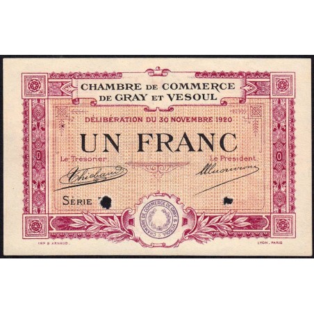 Gray & Vesoul - Pirot non répertorié - 1 franc - Série 7. - 1920 - Spécimen - Etat : SUP+