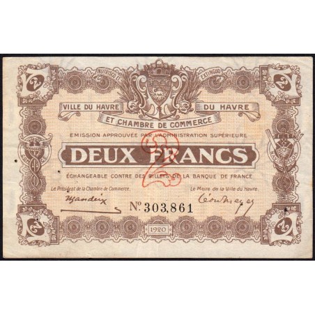Le Havre - Pirot 68-30 - 2 francs - 18/08/1920 - Etat : TTB