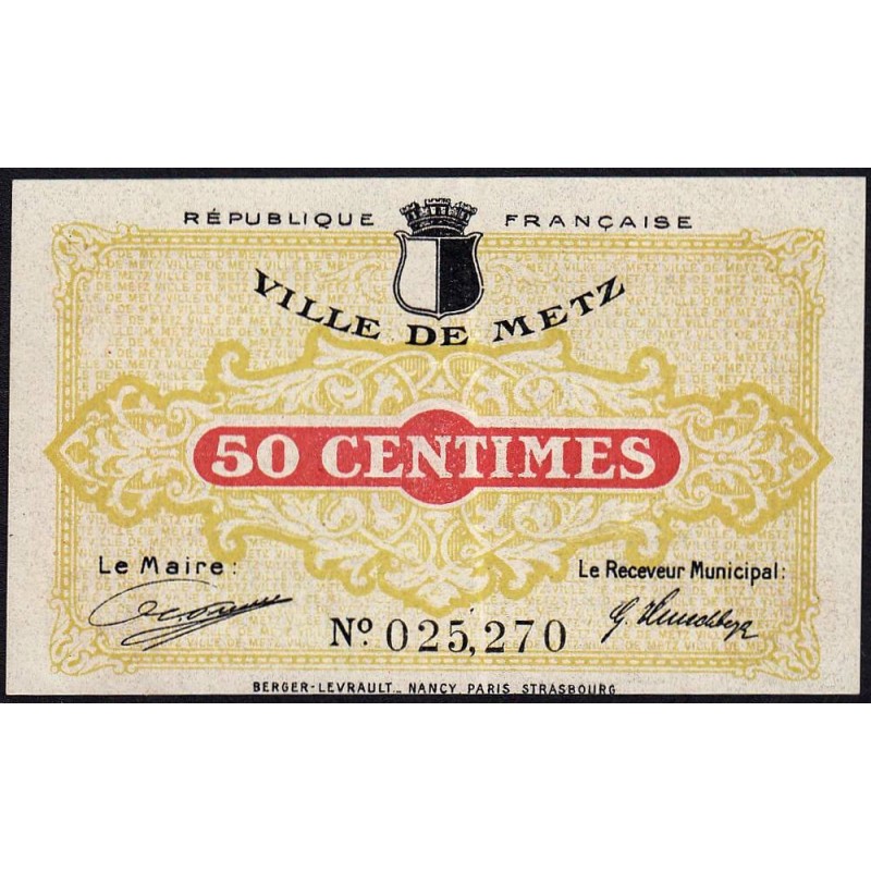 Metz - Pirot 131-1b (av 1 / rev 2) - 50 centimes - Sans série - 27/12/1918 - Etat : SUP+