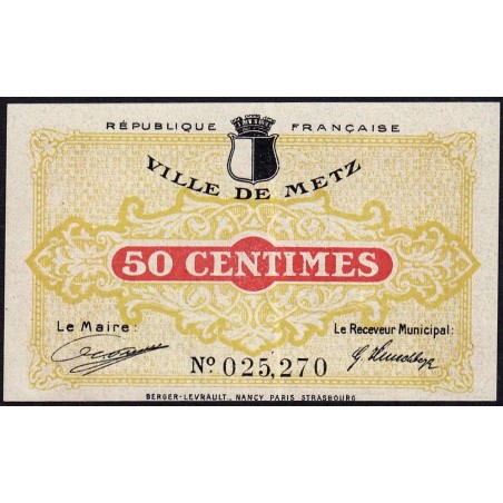 Metz - Pirot 131-1b (av 1 / rev 2) - 50 centimes - Sans série - 27/12/1918 - Etat : SUP+