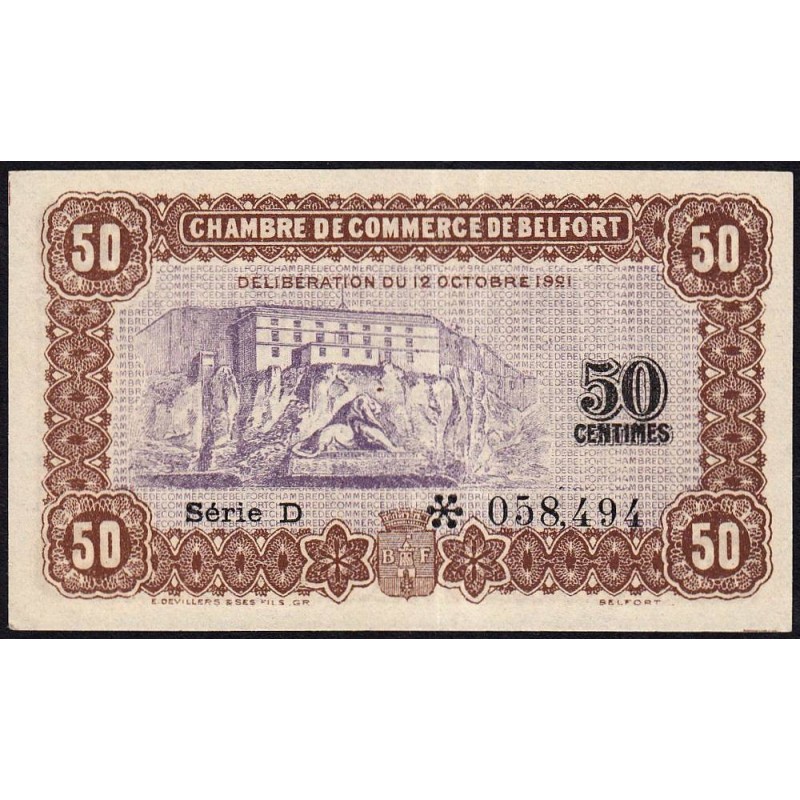 Belfort - Pirot 23-56 - 50 centimes - Série D - 12/10/1921 - Etat : NEUF