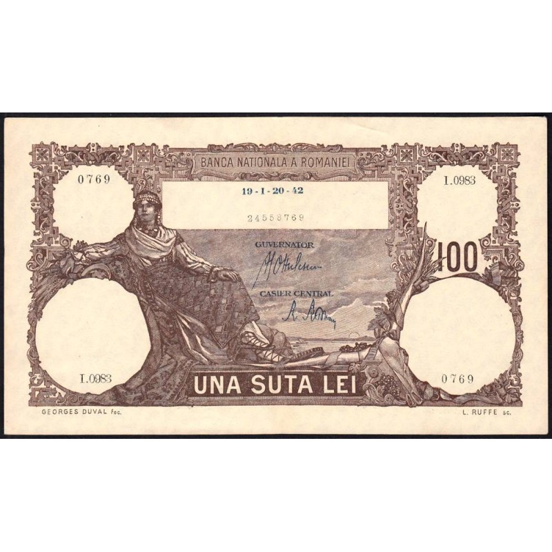 Roumanie - Pick 50a_3 - 100 lei - Série I.0983 - 20/01/1942 - Etat : SUP+ à SPL
