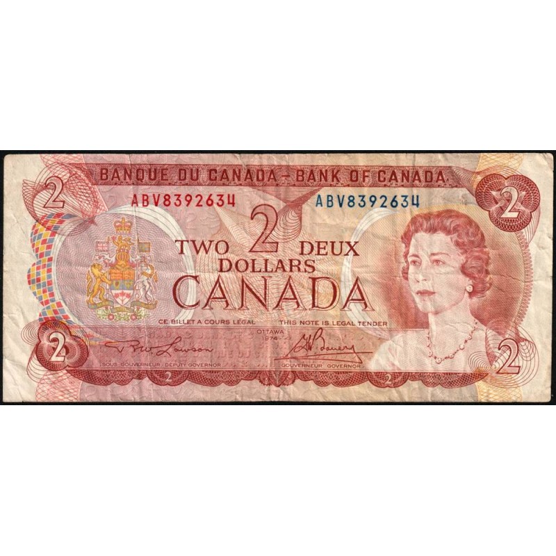 Canada - Pick 86a_2 - 2 dollars - Série ABV - 1974 (1975) - Etat : TB