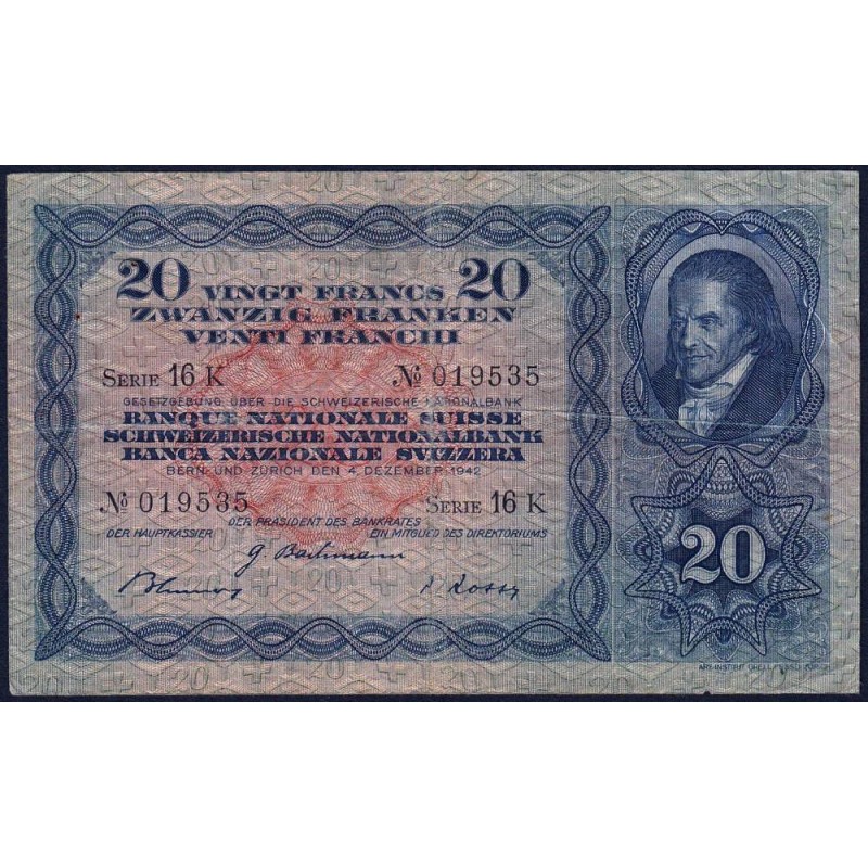 Suisse - Pick 39l_1 - 20 francs - Série 16 K - 04/12/1942 - Etat : TB+ à TTB