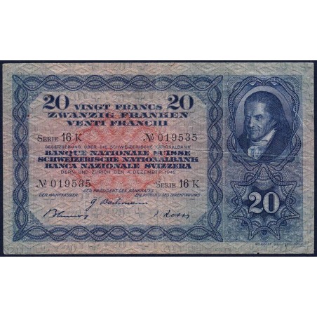 Suisse - Pick 39l_1 - 20 francs - Série 16 K - 04/12/1942 - Etat : TB+ à TTB