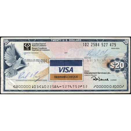 Canada - Chèque Voyage - B. Canadienne Imp. de Commerce - 20 dollars US - 1991 - Etat : TTB