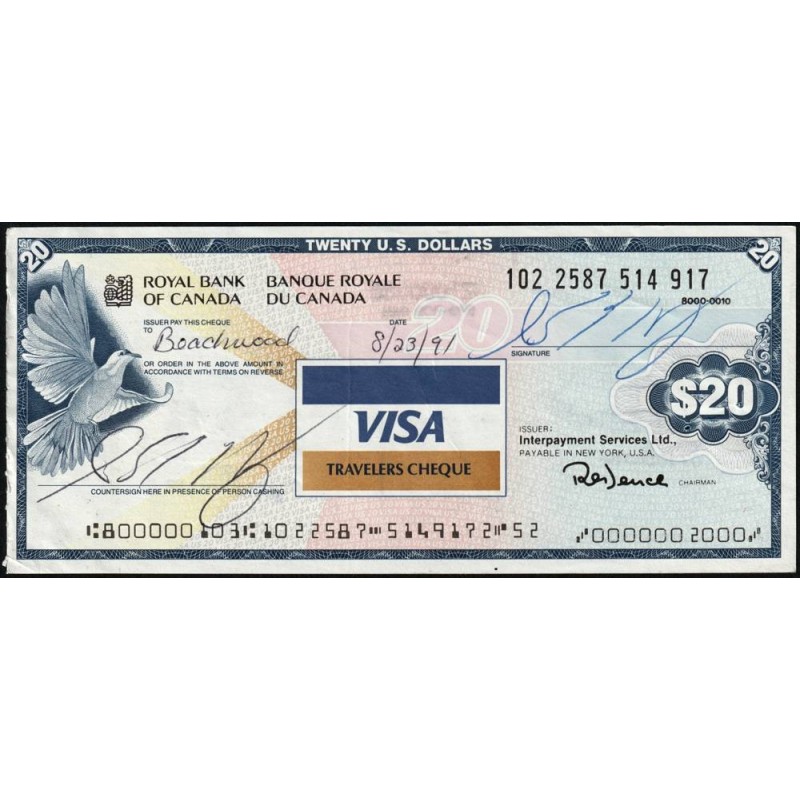 Canada - Chèque Voyage - Banque Royale du Canada - 20 dollars US - 1991 - Etat : TTB+