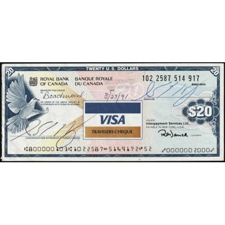 Canada - Chèque Voyage - Banque Royale du Canada - 20 dollars US - 1991 - Etat : TTB+