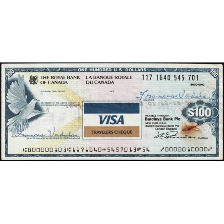 Canada - Chèque Voyage - La Banque Royale du Canada - 100 dollars US - 1991 - Etat : TTB