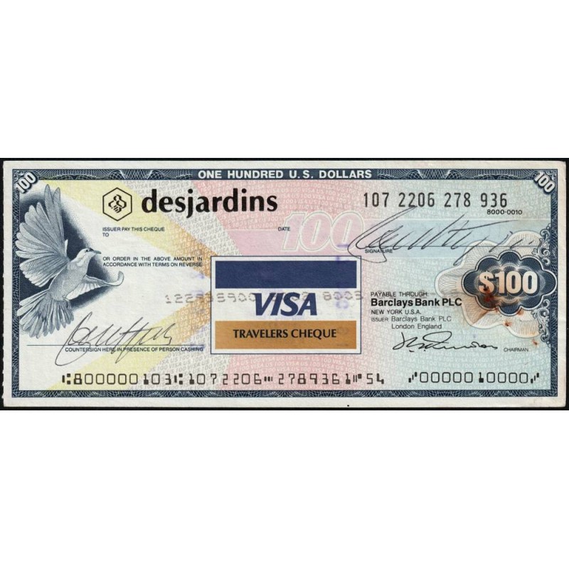 Canada - Chèque Voyage - Desjardins - 100 dollars US - 1991 - Etat : TTB