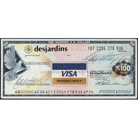 Canada - Chèque Voyage - Desjardins - 100 dollars US - 1991 - Etat : TTB