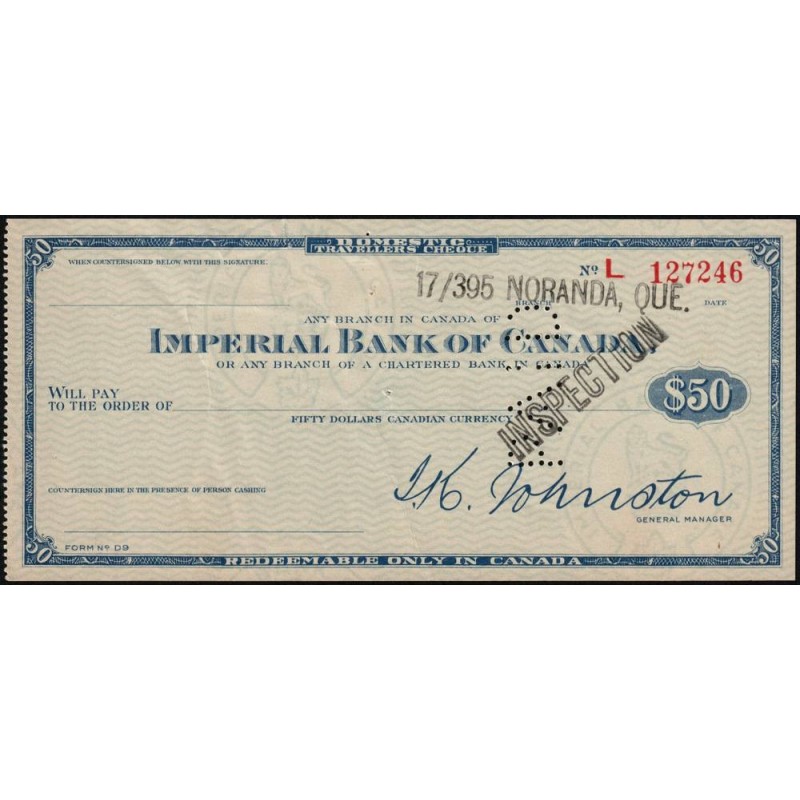 Canada - Chèque Voyage - Imperial Bank of Canada - 50 dollars - 1944 - Etat : TTB