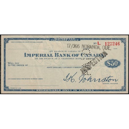 Canada - Chèque Voyage - Imperial Bank of Canada - 50 dollars - 1944 - Etat : TTB