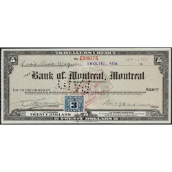 Canada - Chèque Voyage - The Bank of Montreal - 20 dollars - 1933 - Etat : TTB+