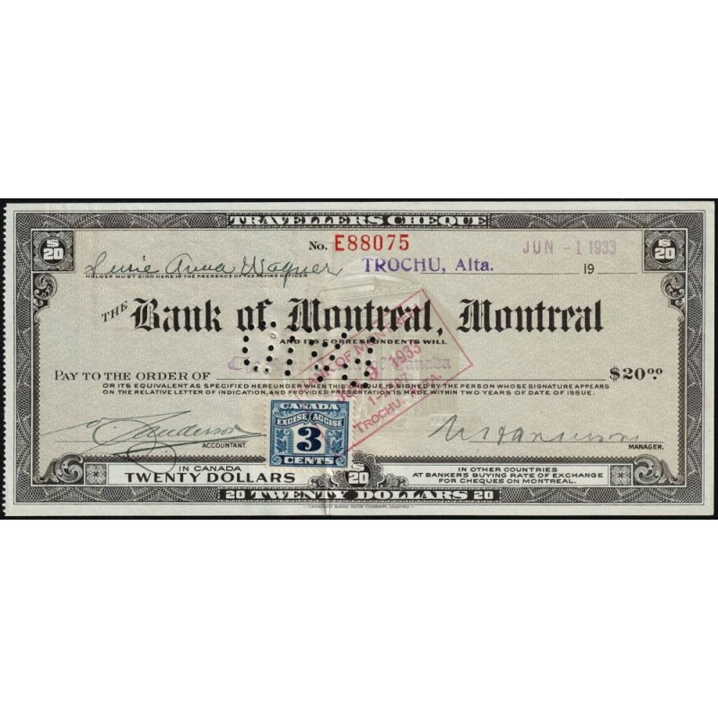 Canada - Chèque Voyage - The Bank of Montreal - 20 dollars - 1933 - Etat : TTB+