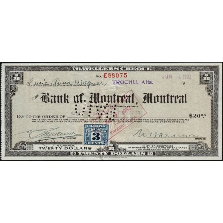 Canada - Chèque Voyage - The Bank of Montreal - 20 dollars - 1933 - Etat : TTB+