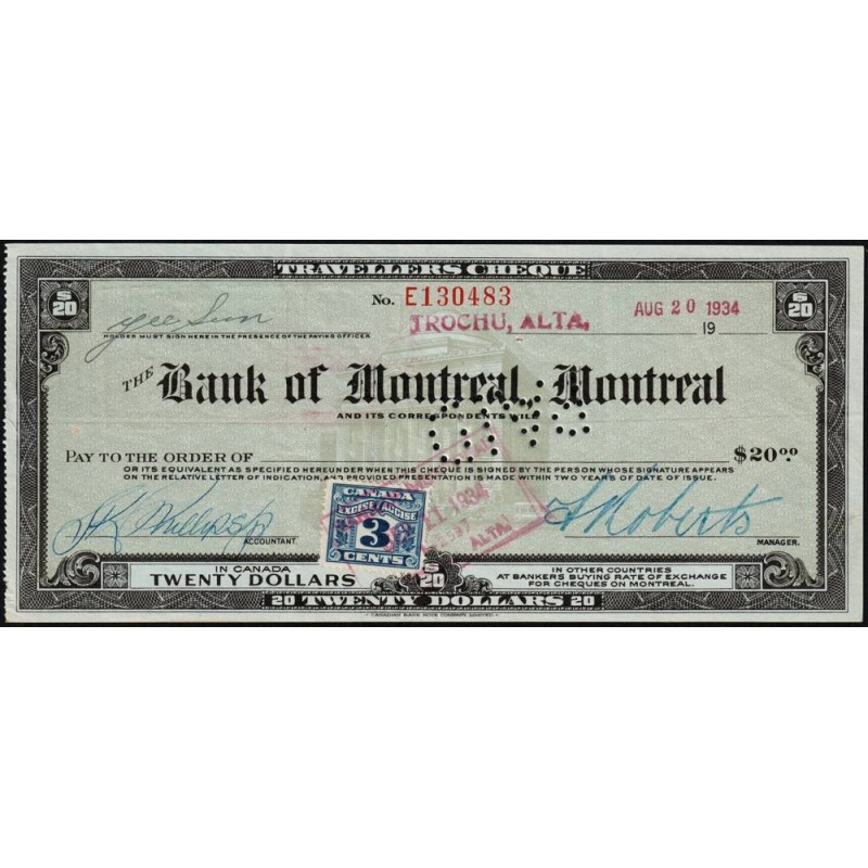 Canada - Chèque Voyage - The Bank of Montreal - 20 dollars - 1934 - Etat : TTB+