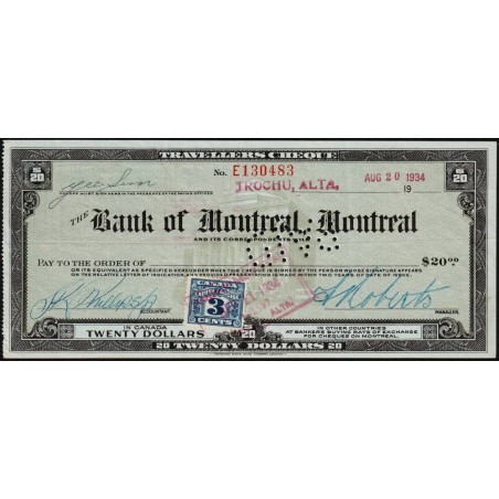 Canada - Chèque Voyage - The Bank of Montreal - 20 dollars - 1934 - Etat : TTB+
