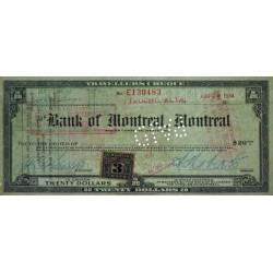 Canada - Chèque Voyage - The Bank of Montreal - 20 dollars - 1934 - Etat : TTB+