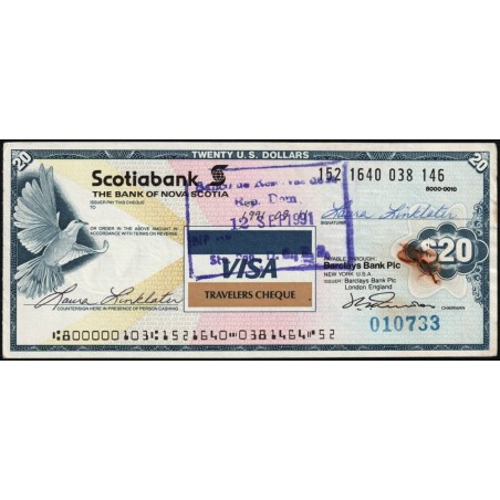Canada - Chèque Voyage - The Bank of Nova Scotia - 20 dollars US - 1991 - Etat : TTB
