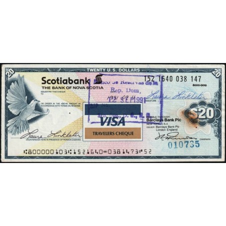 Canada - Chèque Voyage - The Bank of Nova Scotia - 20 dollars US - 1991 - Etat : TTB