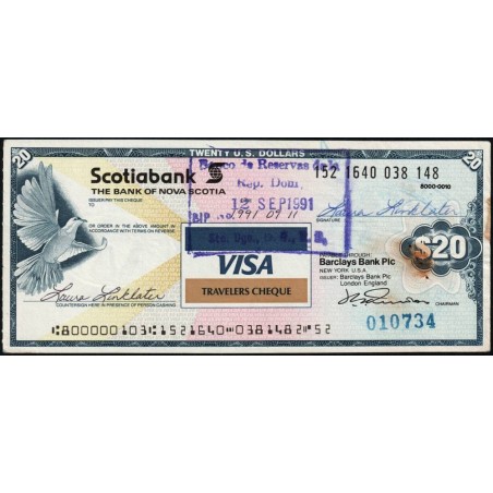 Canada - Chèque Voyage - The Bank of Nova Scotia - 20 dollars US - 1991 - Etat : TTB