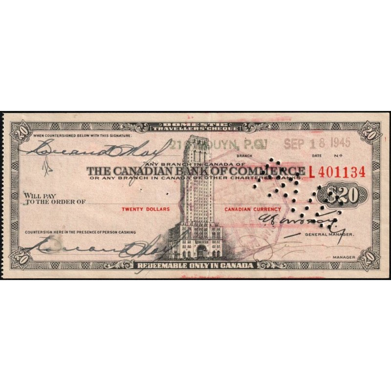 Canada - Chèque Voyage - The Canadian Bank of Commerce - 20 dollars - 1945 - Etat : SUP